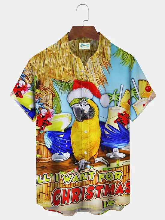 Royaura Men's Christmas Parrot Print Button Pocket Short Sleeve Shirt