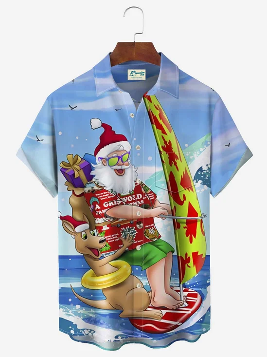 Royaura Beach Vacation Light Blue Men's Hawaiian Shirts Surfer Santa Cartoon Aloha Camp Pocket Shirts