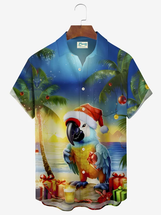 Royaura Christmas Parrot Print Men's Button Pocket Shirt
