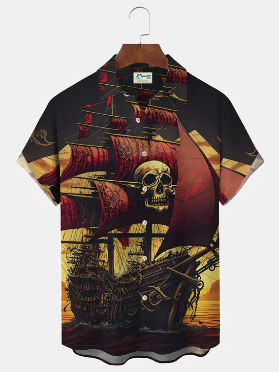 Royaura Vintage Nautical Skull Print Men's Button Pocket Shirt