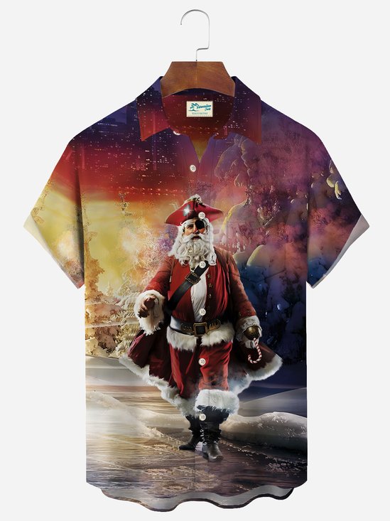 Royaura Men's Christmas Pirates Santa Print Button Pocket Shirt