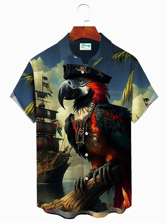 Royaura Parrot Pirate Men's Hawaiian Print Resort Shirt Stretch Aloha Pocket Cartoon Camping Shirt