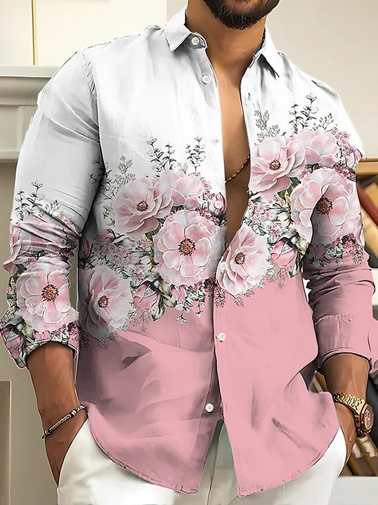 Royaura Floral Ombre Print Men's Button Pocket Long Sleeve Shirt