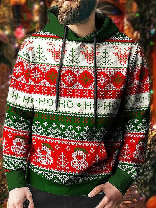 Royaura Men's Christmas Snowflake Print Drawstring Hooded Sweatshirt