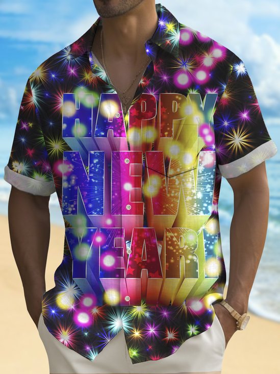 Royaura Happy New Year Holidays Men's Hawaiian Shirts Stretch Lantern Fireworks Fun Pocket Christmas Shirts Big Tall