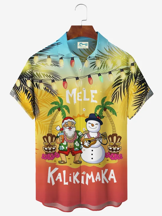 Royaura Christmas Beach Vacation Red Men's Hawaiian Shirts Gradient Mele Kalikimaka Fun Santa Pocket Shirts