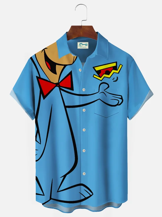 Royaura 50's Vintage Game Cartoon Dog Blue Men's Hawaiian Shirts Stretch Costume Aloha Camp Pocket Shirts