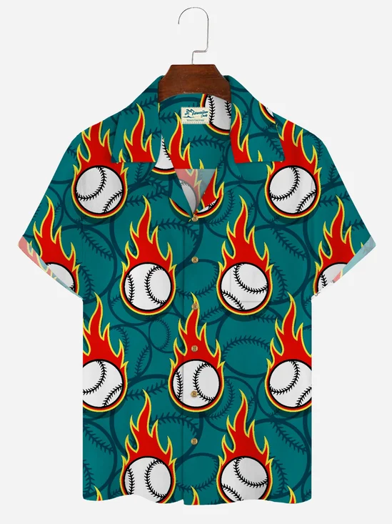Royaura Vintage Flame Baseball Green Men's Hawaiian Shirts Stretch Aloha Camp Pocket Shirts Big Tall