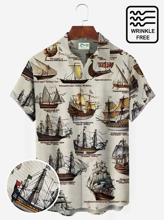 Royaura Vintage Mid-Century Nautical Khaki Men's Hawaiian Shirts Sailing Poster Wrinkle Free Seersucker Easy Care Pocket Camp Shirts