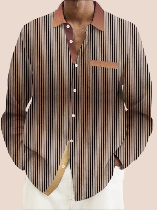 Royaura Striped Contrast Print Men's Button Pocket Long Sleeve Shirt