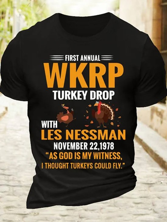 Royaura Thanksgiving Turkey Cotton First Annual WKRP Turkey Drop With Les Nessman November 22 1978  Print Men's Short Sleeve T-Shirt