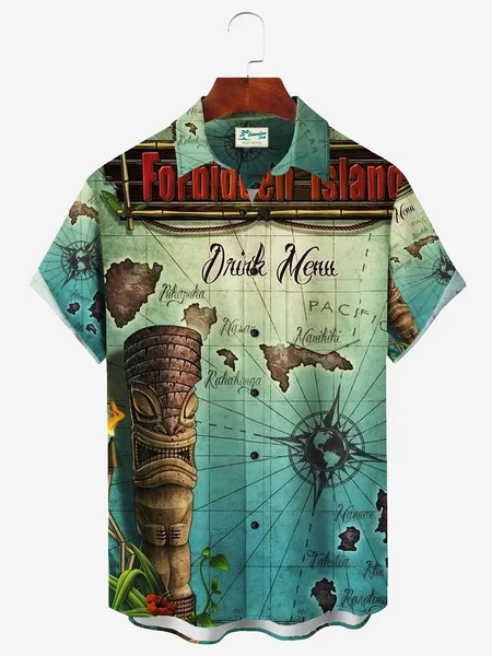 Royaura TIKI Nautical Beach Men's Hawaiian Print Shirt Stretch Aloha Pocket Cartoon Camping Shirt