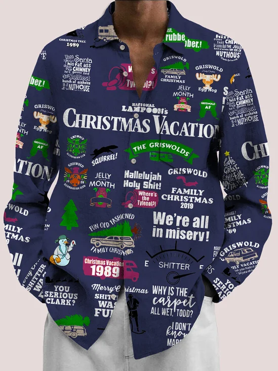 Royaura Christmas Print Men's Button Pocket Long Sleeve Shirt