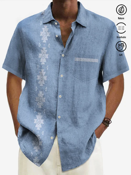 Royaura 50's Vintage Guayabera Blue Men's Casual Shirt Stretch Aloha Camp Pocket Shirts