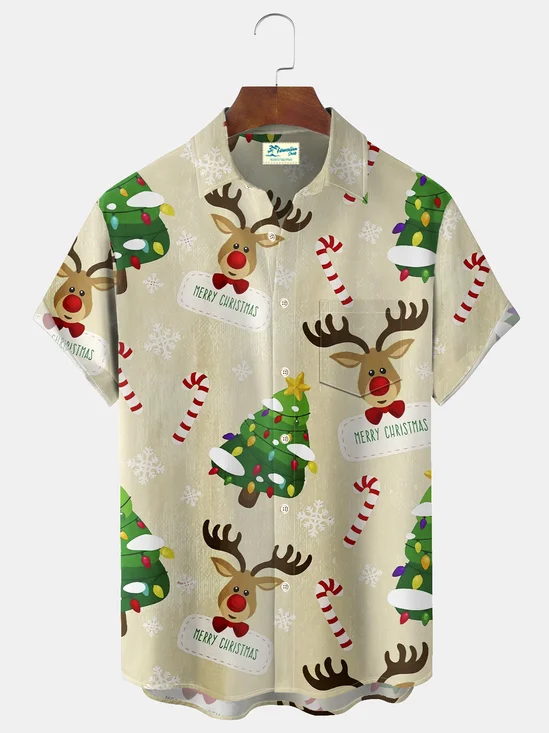 Royaura Holiday Christmas Sika Deer Print Men's Button Pocket Shirt
