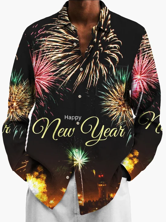 Royaura Happy New Year Holiday Men's Stretch Oversized Long Sleeve Shirt