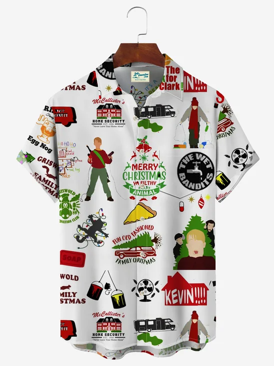 Royaura Home Alone Men's Hawaiian Print Resort Shirt Stretch Aloha Pocket Cartoon Camping Shirt