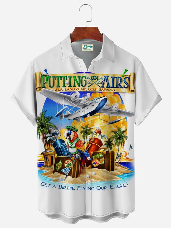 Royaura Airplane Parrot Coco Hawaiian Shirt Stretch Aloha Pocket Cartoon Camping Shirt