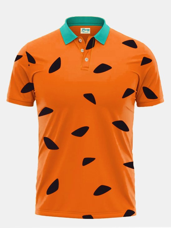 Royaura 50's Vintage Cartoon Orange Men's Polo Shirts Warm Comfortable Elastic Pullover Casual Tops