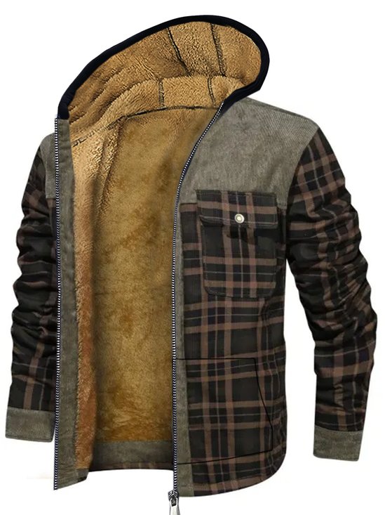 Royaura Men's Fleece Plaid Coat Patch Work Outdoor Jacket