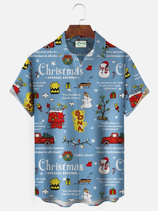 Royaura Christmas Holiday 50‘s Vintage Cartoon Men's Shirts Stretch Christmas Tree Snowman Fun Camp Pocket Art Shirts