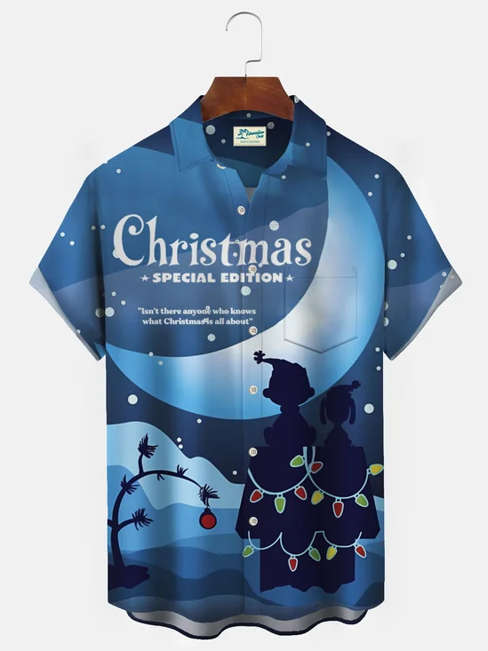 Royaura Christmas Holiday Cartoon Blue Men's Shirts Stretch Art Christmas Tree Fun Camp Pocket Shirts