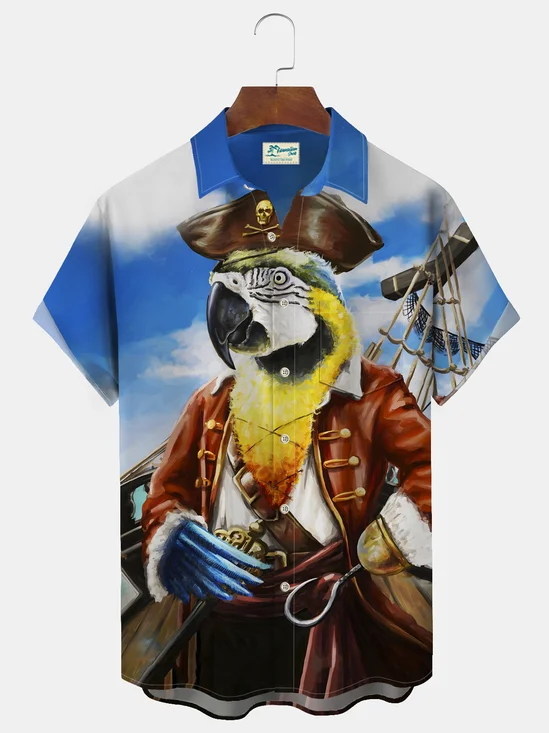 Royaura Holiday Beach Blue Men's Hawaiian Shirts Pirate Parrot Animal Art Easy Care Pocket Shirts Big Tall