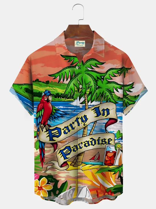 Royaura Hawaiian Parrot Print Men's Button Pocket Shirt