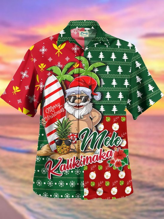 Royaura Christmas Holiday Green Men's Hawaiian Shirt Santa Cartoon Fun Beach Vacation Aloha Camp Pocket Shirt Big Tall
