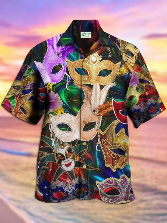 Royaura Mardi Gras Holiday Purple Men's Hawaiian Shirts Art Mask Fun Aloha Stretch Button Camping Pocket Shirt Big Tall