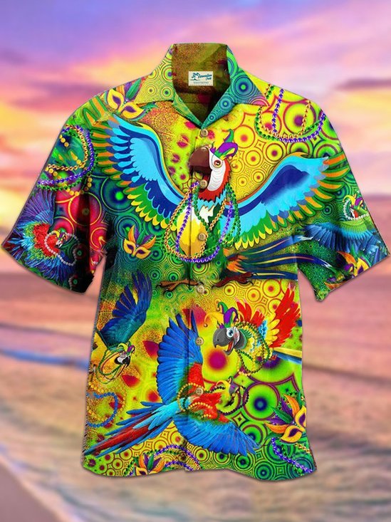 Royaura Mardi Gras Holiday Green Men's Hawaiian Shirts Parrot Fun Art Aloha Stretch Button Camp Pocket Shirts Big Tall