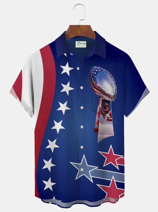 Royaura Football Blue Men's Casual Shirts American Flag Stretch Aloha Camp Pocket Shirts Big Tall