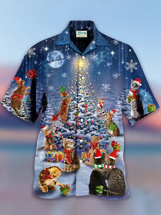 Royaura Christmas Cat Print Men's Button Pocket Shirt