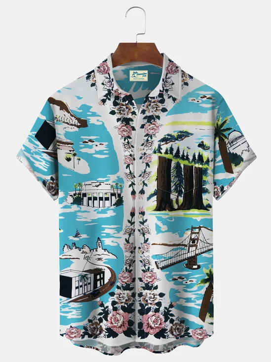 Royaura Hawaiian Floral Resort Print Men's Button-Pocket Shirt