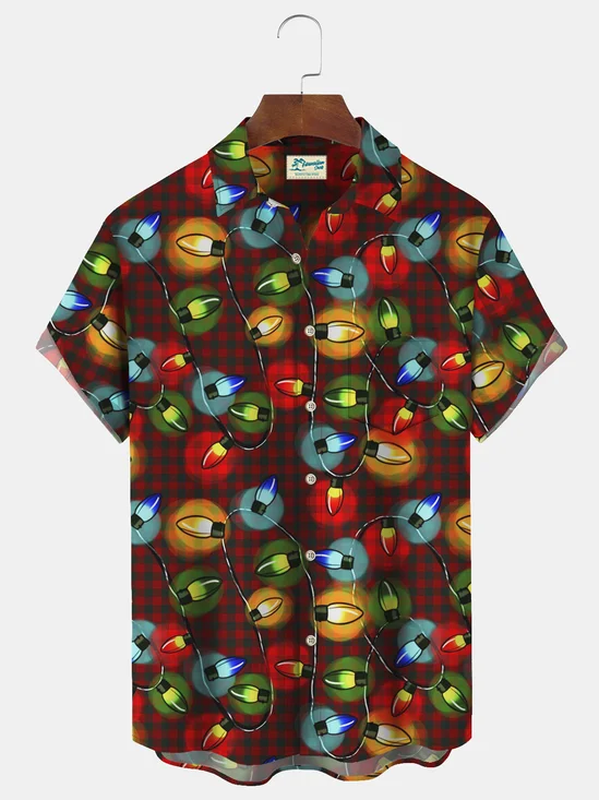 Royaura Christmas Lights Plaid Print Men's Button Pocket Shirt