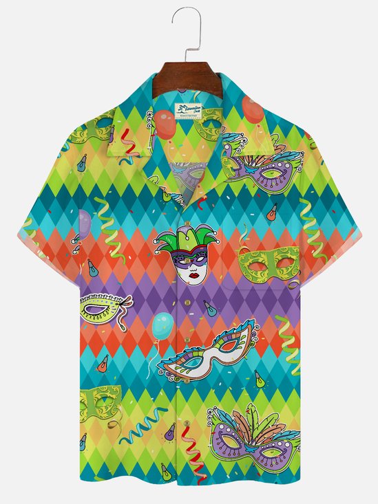 Royaura Mardi Gras Holiday Green Men's Hawaiian Shirts Mask Fun Art Stretch Pocket Camp Shirts Big Tall