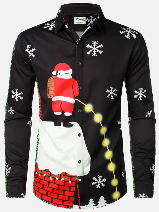 Royaura Christmas Holiday Black Long Sleeve Shirts Santa Ugly Christmas Shirt