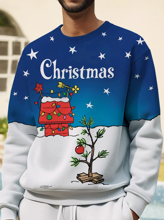 Royaura Christmas Holiday 50’s Vintage Cartoon Blue Men's Round Neck Sweatshirt Warm Comfortable Elastic Pullover Top