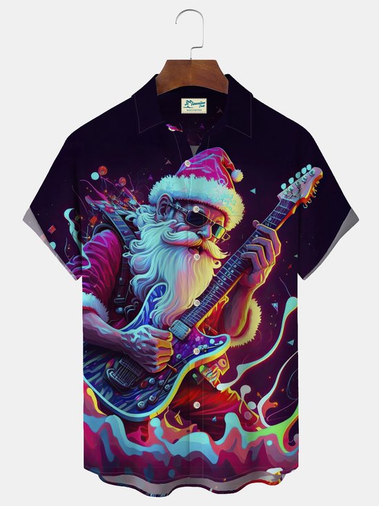 Royaura Christmas Holiday Men's Fun Cartoon Santa Music Art Rock Electric Guitar Pocket Shirts Big Tall