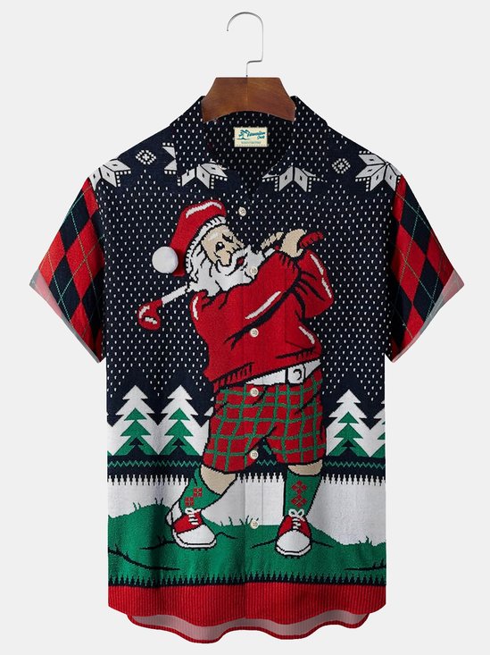 Royaura Christmas Holiday Blue Men's Fun Cartoon Santa Golf Art Check Camp Pocket Shirts Big Tall