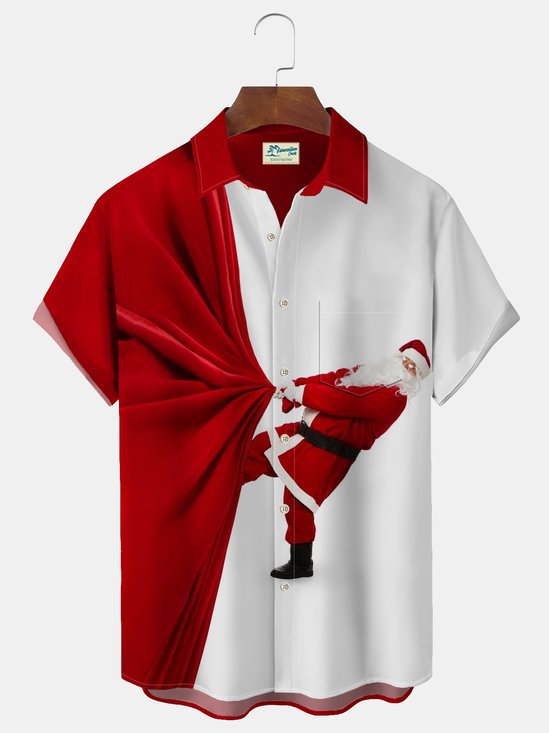 Royaura Christm Santa Claus Printed Button Pocket Shirt for Men