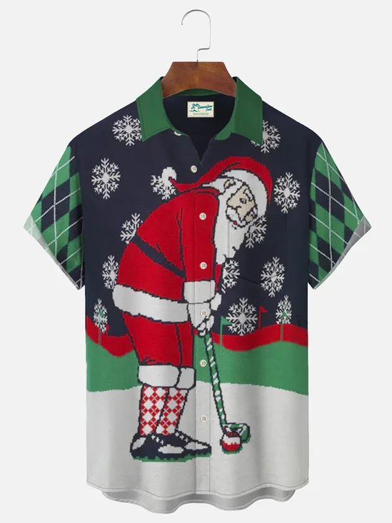 Royaura Men's Christmas Santa Golf Print Men's Button Pocket Shirt