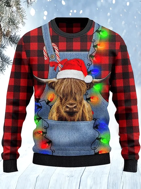 Royaura Highland Cattle Lover Red Plaid Shirt and Denim Bib Overalls Ugly Christmas Sweatshirt
