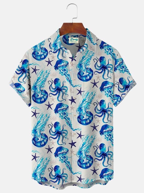 Royaura Hawaiian Sea Life Jellyfish Print Men's Button Pocket Shirt