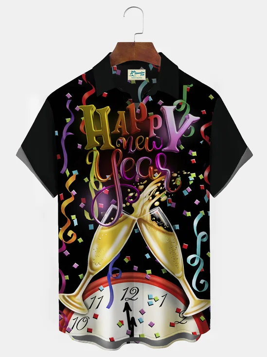 Royaura New Year's Eve Black Men's Shirt Champagne Glass Art Camp Pocket Shirt Large Size