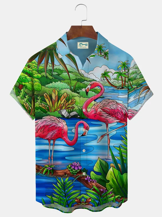 Royaura Hawaiian Flamingo Botanical Print Men's Button Pocket Shirt