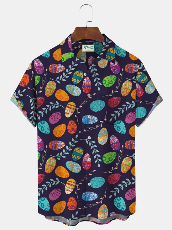 Royaura Easter Egg Print Men's Button Pocket Short Sleeve Shirt