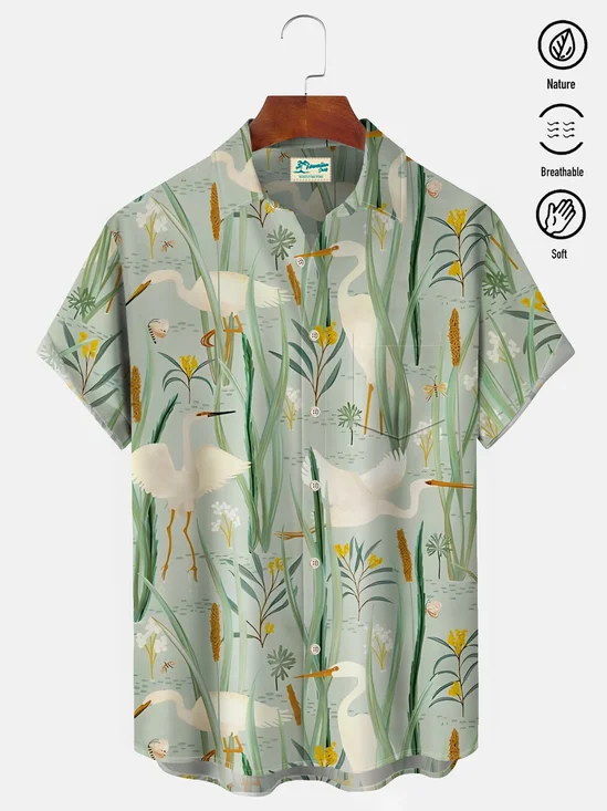 Royaura® Beach Holiday Light Green Men's Floral Hawaiian Shirt Breathable Comfortable Camp Pocket Shirt Big Tall