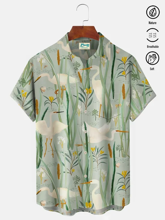 Royaura® Cotton Linen Beach Holiday Light Green Men's Floral Hawaiian Shirt Breathable Comfortable Camp Pocket Shirt Big Tall