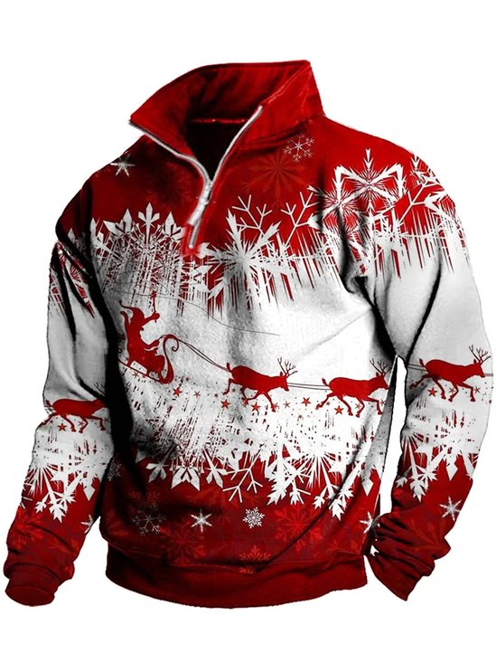Royaura Men's Christmas Sika Deer Print Stand Collar Zip Sweater